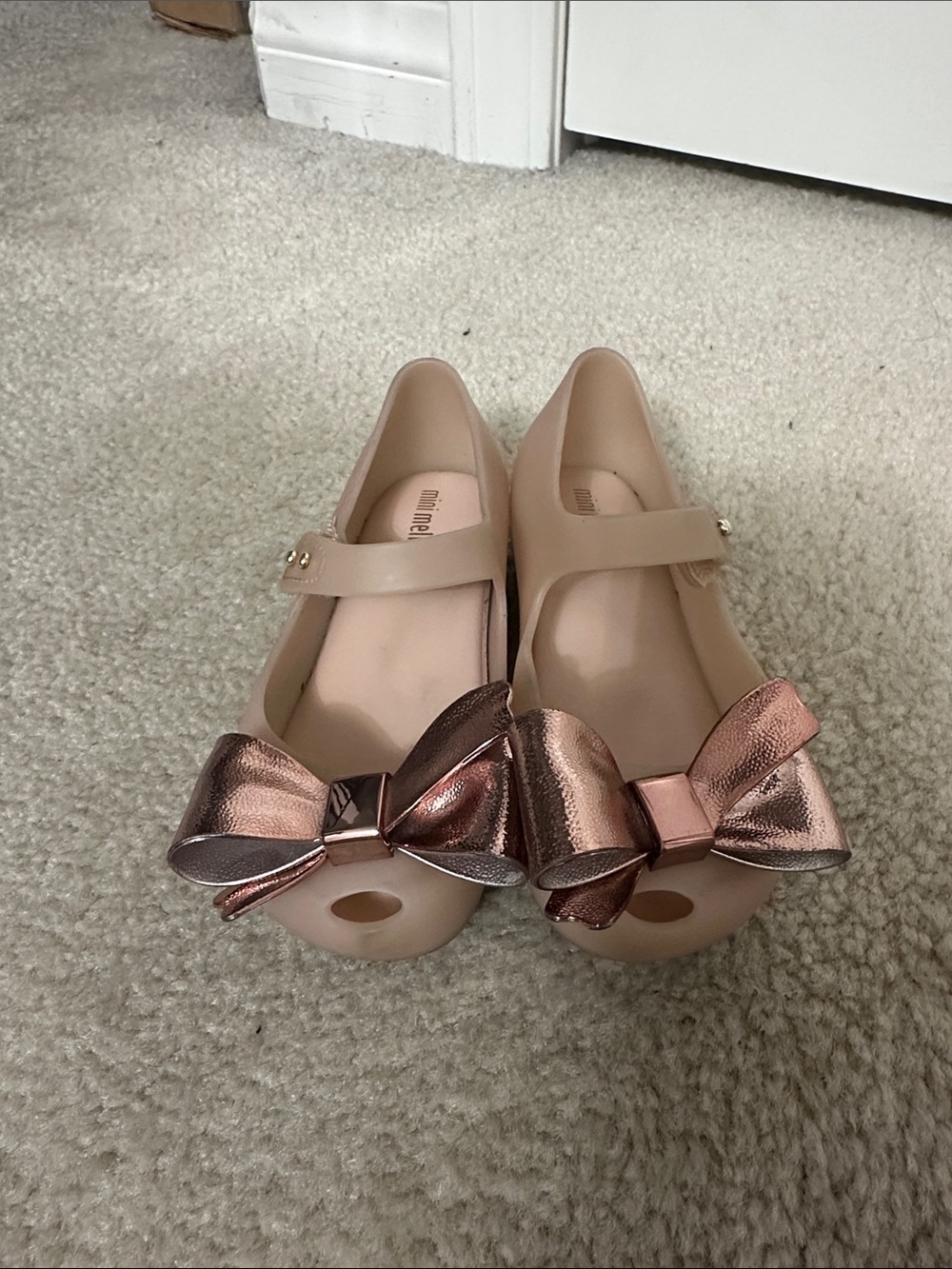 Mini Melissa Girls' Blush Jelly Mary Janes with Metallic Rose Gold Bows